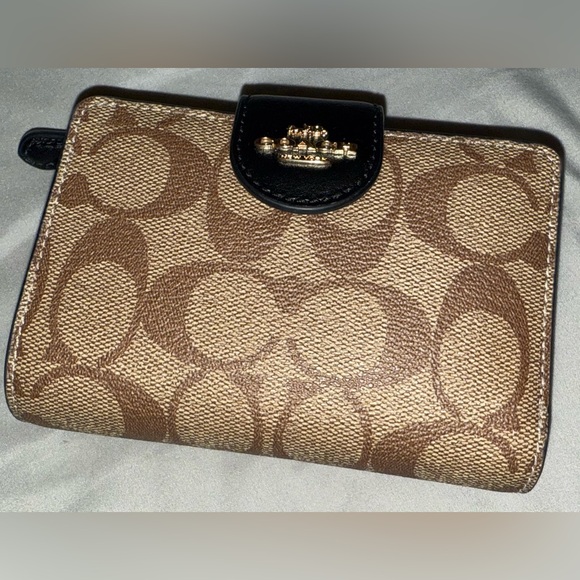 Coach Signature Canvas Medium Corner Zip Brown & Black Wallet NICE! - Picture 1 of 16